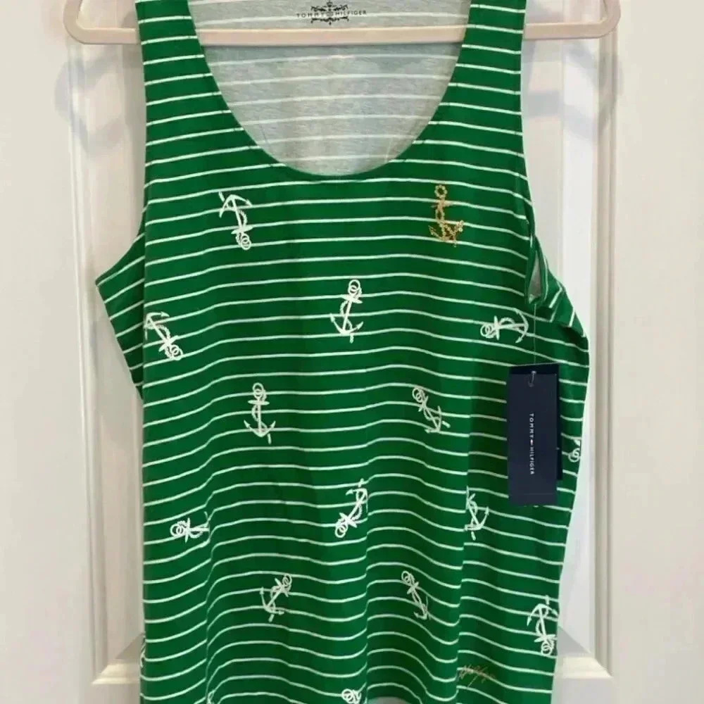 TOMMY HILFIGER GREEN STRIPED ANCHOR TANK  CRUISE READY Size XL